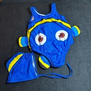 Blue Fish-Themed Swimsuit with Cap